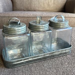 NWT Metal Tray and Glass Jars Set